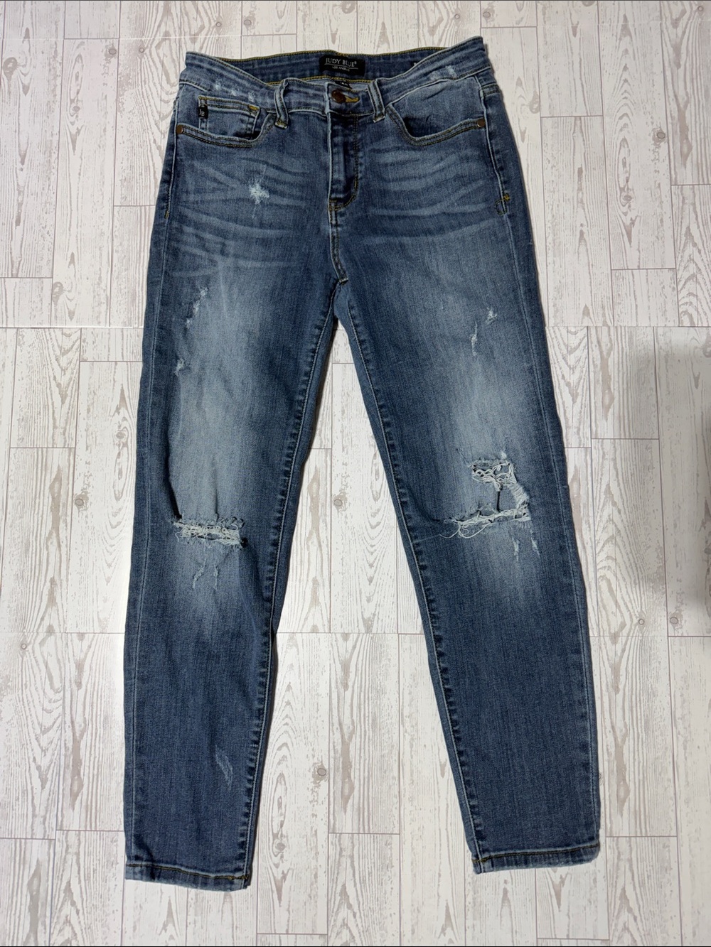 Judy Blue Distressed Mid-Blue Relaxed Fit Jeans